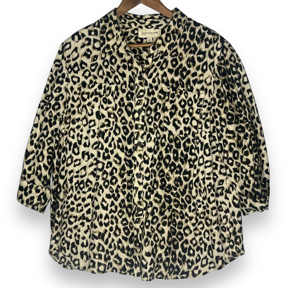 Jones New York Sport 100% Linen Leopard Print Neutral Button Up‎ Shirt Top XL